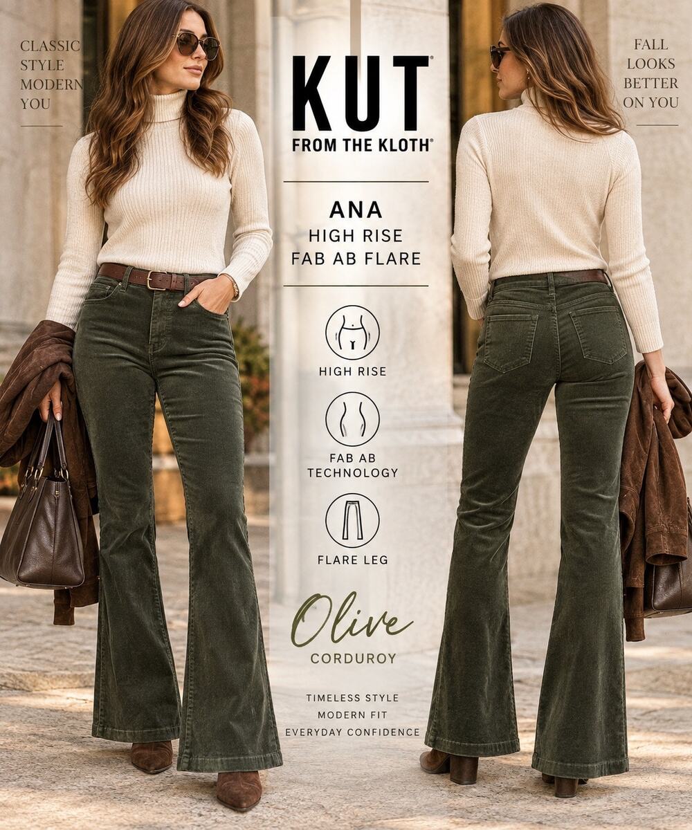 70s Boho Dark Academia KUT From The Kloth Ana Olive Corduroy Hi Rise Flare Pants
